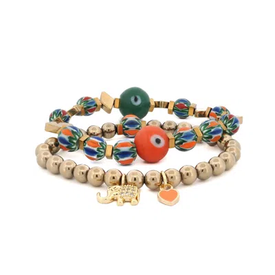 Ebru Jewelry Women's Gold / Green / Red Elephant & Heart Charm Design African Beaded Protection Bracelet Set - Mu In Multi