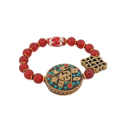Ebru Jewelry Women's Gold / Green / Red Sacred Om Carnelian & Tibetan Mantra Beaded Bracelet - Red
