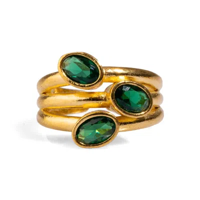 Ebru Jewelry Women's Gold / Green Trio Jade Stone & Gold Stylish Adjustable Cocktail Ring - Green