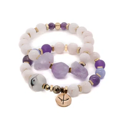 Ebru Jewelry Women's Gold / Pink / Purple Amethyst & Quartz Stone Beaded Dream Bracelet Set - Purple