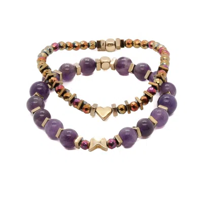 Ebru Jewelry Women's Gold / Pink / Purple Butterfly & Heart Gold Charm Amethyst Beaded Bracelet Set - Purple