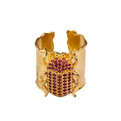 Ebru Jewelry Women's Gold / Pink / Purple Egyptian Symbol Scarab Beetle Ruby & Gold Chunky Ring - Pink In Multi
