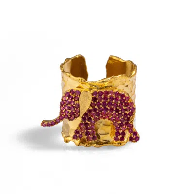 Ebru Jewelry Women's Gold / Pink / Purple Guardian Pink Elephant Gold Chunky Adjustable Ring - Pink In Multi