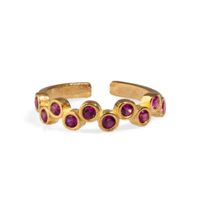 Ebru Jewelry Women's Gold / Pink / Purple Ruby Stone &  Gold Zig Zag Stackable Adjustable Ring - Pink