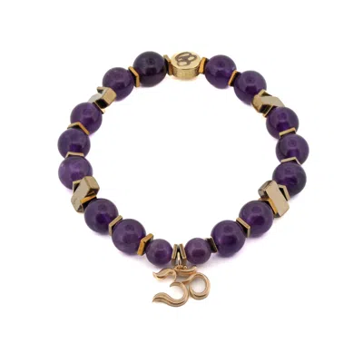 Ebru Jewelry Women's Gold / Pink / Purple Solid Gold Om Mantra Charm Healing Amethyst Stone Beaded Bracelet - Pur