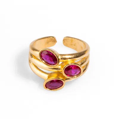 Ebru Jewelry Women's Gold / Pink / Purple Trio Ruby Gemstone & Gold Stylish Adjustable Cocktail Ring - Pink
