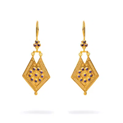 Ebru Jewelry Women's Gold / Pink / Purple Vintage Style Gold & Amethyst Design Dangle Earrings - Purple