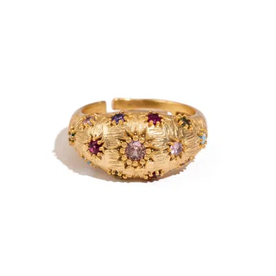 Ebru Jewelry Women's Gold / Pink / Red Golden Sunburst Multi Gemstone Adjustable Ring - Multicolor
