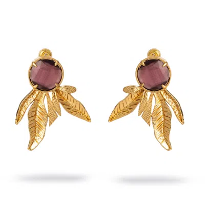 Ebru Jewelry Women's Gold / Purple Mocha Feather Cat Eye Stud Earrings - Gold