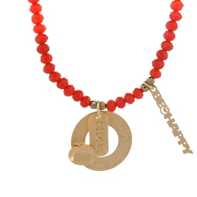 Ebru Jewelry Women's Gold / Red Believe & Be Happy Red Crystal Beaded Gold Choker Necklace - Red