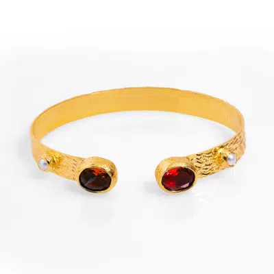 Ebru Jewelry Women's Gold / Red Cleopatra Ruby & Pearl Adjustable Gold Cuff Bracelet - Red
