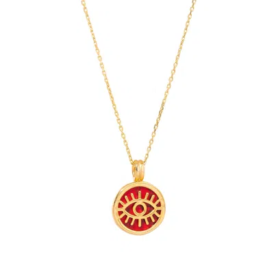 Ebru Jewelry Women's Gold / Red Coral & Gold Round Evil Eye Pendant Talisman Necklace - Red