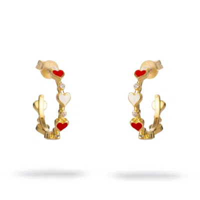 Ebru Jewelry Women's Gold / Red Eternal Love Enamel Heart Hoop Earrings - Gold
