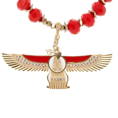Ebru Jewelry Women's Gold / Red Guardian Angel Faravahar Pendant Good Life Red Beaded Necklace - Red