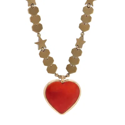 Ebru Jewelry Women's Gold / Red Murano Glass Red Heart Pendant Heart & Star Beaded Necklace - Red -