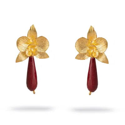Ebru Jewelry Women's Gold / Red Orchid Flame Red Agate Gold Earrings - Red In Burgundy