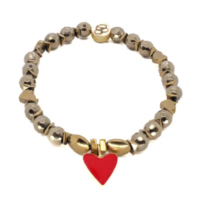 Ebru Jewelry Women's Gold / Red Red Heart Gold Hematite Stone Love Beaded Bracelet - Red In Multi