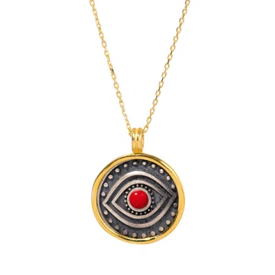 Ebru Jewelry Women's Gold / Red / Silver Red Coral & Sterling Silver Evil Eye Pendant Gold Necklace - Red