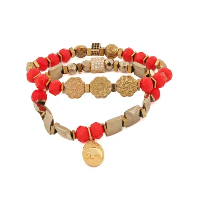 Ebru Jewelry Women's Gold / Red Strength & Grace Red Energy Elephant Charm Bracelet Set - Red