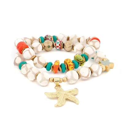 Ebru Jewelry Women's Gold / Red Summer Beach Starfish White Agate Bracelet Set - Gold In Multi