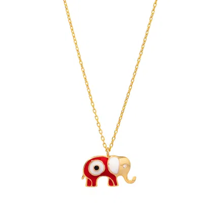 Ebru Jewelry Women's Gold / Red Wishful Elephant & Red Enamel Evil Eye Pendant Gold Chain Necklace - Red