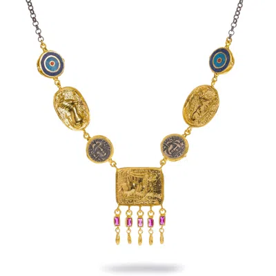 Ebru Jewelry Women's Gold / Silver Amulet Gathering Evil Eye & Ruby Fringe Two Tone Necklace - Gold In Gold/silver
