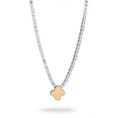 Ebru Jewelry Women's Gold / Silver Gold Clover Pendant  Diamond Tennis Necklace - Silver