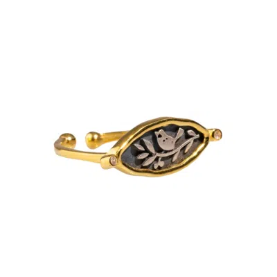 Ebru Jewelry Women's Gold / Silver Spiritual Bird Olive Leaf Adjustable Ring - Silver