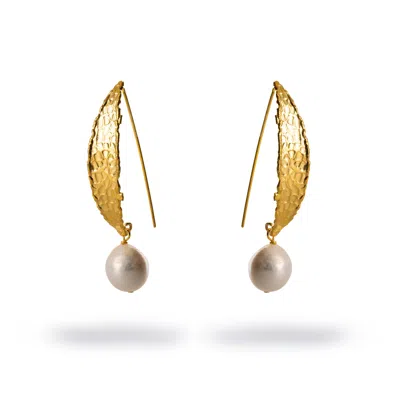 Ebru Jewelry Women's Gold / White Chunky Gold Hook Baroque Pearl Drop Earrings - Gold