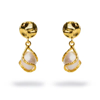 Ebru Jewelry Women's Gold / White Cleopatra Crinkle Gold Stud Pearl Drop Statement Earrings - Gold In Multi