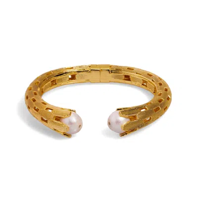 Ebru Jewelry Women's Gold / White Cleopatra Gold & Pearl Chunky Cuff Design Bracelet - Gold