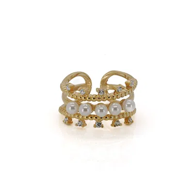 Ebru Jewelry Women's Gold / White Cleopatra Pearl & Diamond Gold Adjustable Ring - Gold
