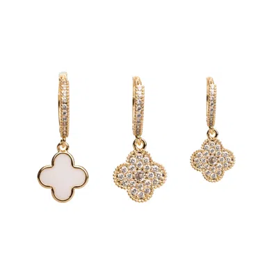 Ebru Jewelry Women's Gold / White Clover Diamond & White Trio Gold Hoop Earring Set - Gold