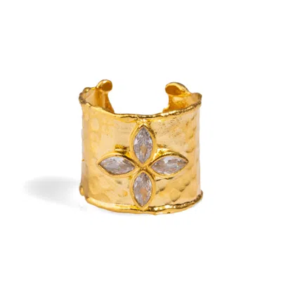 Ebru Jewelry Women's Gold / White Diamond & Gold Band Floral Chunky Cuff Ring - Gold