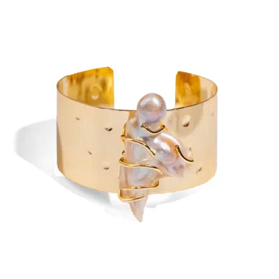 Ebru Jewelry Women's Gold / White Divine Aura Baroque Pearl Cuff Bracelet - Gold In Multi