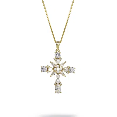 Ebru Jewelry Women's Gold / White Divine Pearl & Diamond Cross Gold Chain Necklace - White
