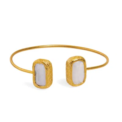 Ebru Jewelry Women's Gold / White Double Pearl Stone Open Cuff Bangle Gold Bracelet - Gold