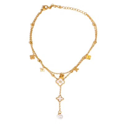 Ebru Jewelry Women's Gold / White Floral Pearl Charm Gold Anklet - Gold