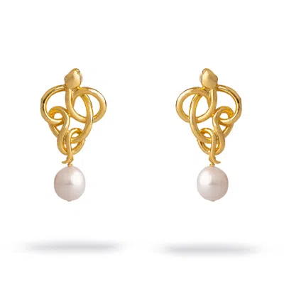 Ebru Jewelry Women's Gold / White Golden Medusa Pearl Statement Earrings - Gold
