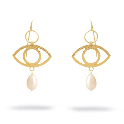 Ebru Jewelry Women's Gold / White Guardian Eye Pearl Dangle Earrings - Gold In Multi