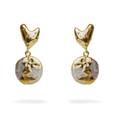 Ebru Jewelry Women's Gold / White Love Gold Melted & Diamond Heart Stud Pearl Drop Earrings - Gold In Multi