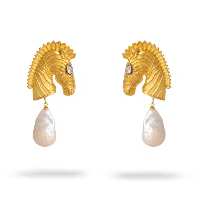 Ebru Jewelry Women's Gold / White Majestic Horse & Baroque Pearl Gold Statement Earrings - Gold