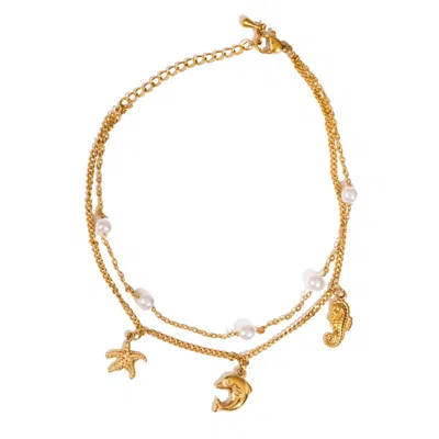 Ebru Jewelry Women's Gold / White Ocean Dreams Gold Double Chain Anklet - Gold