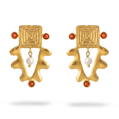 Ebru Jewelry Women's Gold / White / Orange Isis Charm Coral & Pearl Earrings - Gold