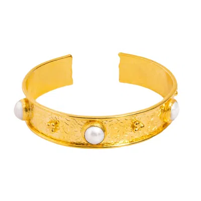 Ebru Jewelry Women's Gold / White Pearl & Gold Boho Chic Cuff Bracelet - Gold In Multi