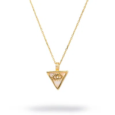 Ebru Jewelry Women's Gold / White Pearl & Gold Triangle Pendant Evil Eye Talisman Necklace - White