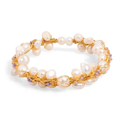 Ebru Jewelry Women's Gold / White Pearl Beads & Gold Elegant Wedding Cuff Bracelet - White