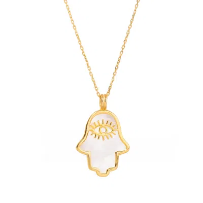 Ebru Jewelry Women's Gold / White Pearl Divine Hamsa & Evil Eye Pendant Gold Vermeil Chain Necklace - White