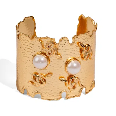 Ebru Jewelry Women's Gold / White Pearl Serpent Power Chunky Gold Cuff Bracelet - Gold In Brown
