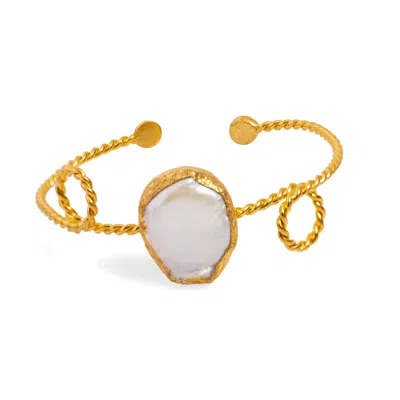 Ebru Jewelry Women's Gold / White Pearl Stone Gold Twisted Cleopatra Cuff Bracelet - Gold In Multi